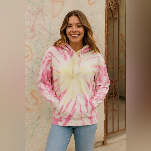 Daydreamer LA Oversized Pink Yellow Tie Die Long Sleeve Hoodie - Medium - Picture 1 of 10